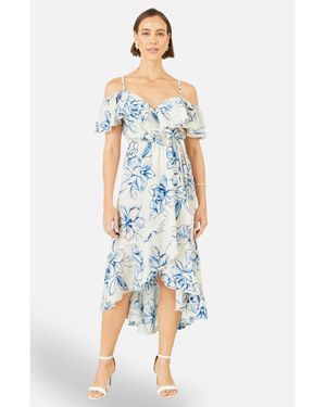 Yumi' Floral Print Bardot Midi Dress - Blue