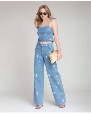 Avec Les Filles Denim Tie Top High Rise Printed Jeans - Blue