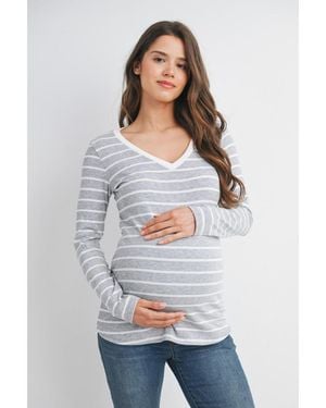 Hello Miss Maternity Striped V Neck Long Sleeve Top - White