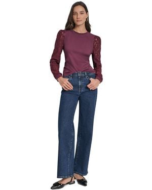 DKNY Lace Puff-sleeve Crewneck Top - Blue