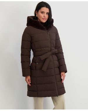 Tahari Faux-fur-trim Hooded Belted Puffer Coat - Brown