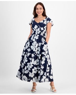Tinsel Petite Floral-print Flutter-sleeve Tiered Maxi Dress - Blue