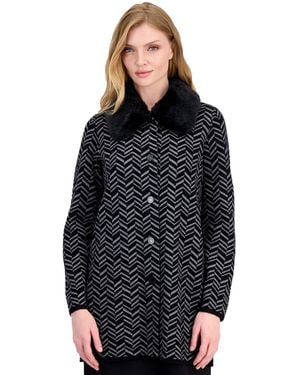 Kasper Faux-fur Collar Patch-pocket Long-sleeve Cardigan - Black