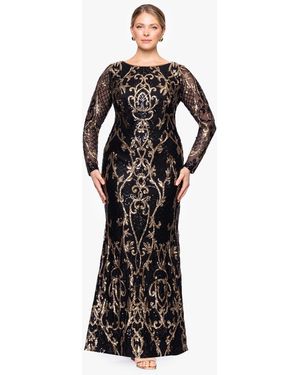 slim fit dress slacks Long Black/Gold Foil Design Plus Size Maxi Dress Front Slit Cowl Black/Gold / 2XL main image 1