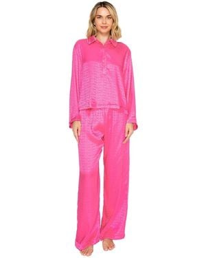 Badgley Mischka Silky Jacquard Satin Long Sleeve And Wide Leg Pajama Set - Pink