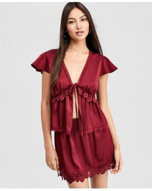 And Now This Satin Lace Peplum-hem Top - Red