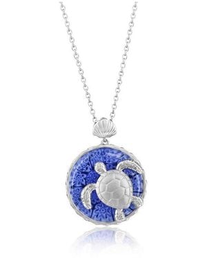 Simona Sterling Silver Floral Venetian Murano Glass Turtle Necklace - Blue