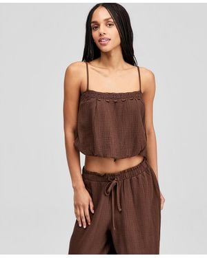 And Now This Cotton Crochet-trim Bubble-hem Top - Brown