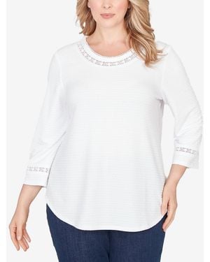Ruby Rd. Plus Size Solid Clip Dot Lace Trim Knit Top - White