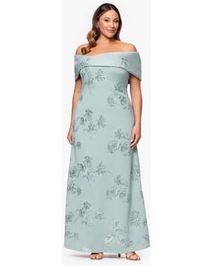 Betsy & Adam Plus Size Long Jacquard Off The Shoulder Ball Gown - Blue