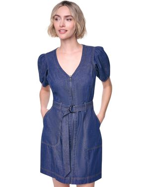 DKNY Puff-sleeve Belted V-neck Dress - Blue