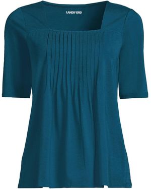 Lands' End Elbow Sleeve Lightweight Jersey Pintuck Square Neck Top - Blue