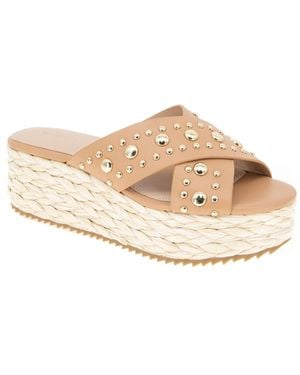 BCBGeneration Gladda Studded Flatform Raffia Slip-on Crossband Wedge Sandals - Natural