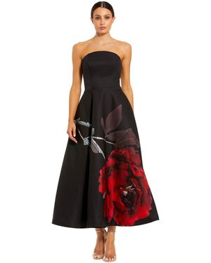 Mac Duggal Strapless Crepe Floral Print A-line Midi Dress - Red