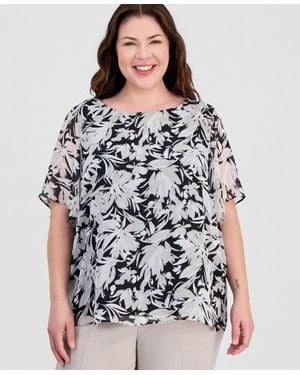 Kasper Plus Size Flutter-sleeve Boat-neck Top - Black