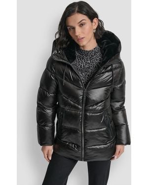 DKNY Shine Hooded Puffer Coat - Black