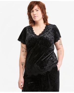 And Now This Plus Size Velvet Lace-trim V-neck Blouse - Black