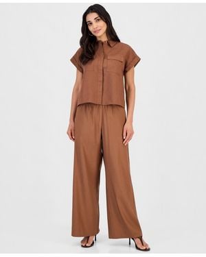 INC International Concepts Petite Linen-blend High-rise Wide-leg Pants - Brown