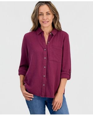 Style & Co. Petite Perfect Button-front Roll-tab Cotton Shirt - Purple