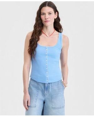 On 34th Button Down Contrast Stitch Rib Tank Top Macys Exclusive - Blue