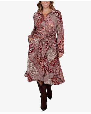 Ruby Rd. Plus Size Victorian Long-sleeve Midi Shirt Dress - Red