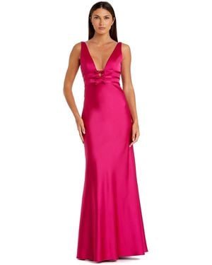 Mac Duggal Sleeveless V Neck Satin Gown With Bow Details - Pink