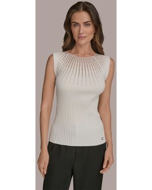 Donna Karan Cap-sleeve Mesh-detail Knit Sweater Top - Natural
