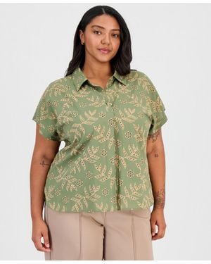 Tahari Plus Size Embroidered-look Short-sleeve Camp Shirt - Green