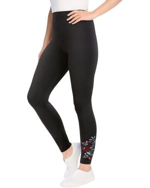 Woman Within Plus Size S Plus-size Stretch-cotton Knit Pull-on Embroidered leggings - Black