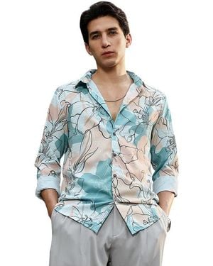 Campus Sutra Botanical-outline Imprint Shirt - Blue