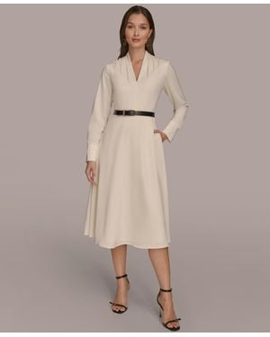 Donna Karan Satin V-neck Belted A-line Midi Dress - Natural