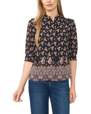 Cece Hidden-placket Collared 3/4-sleeve Blouse - Black