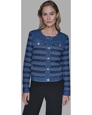 KARL LAGERFELD Crewneck Tweed And Denim Jacket - Blue