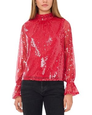 1.STATE Sequin Draped-back Mock-neck Top - Red