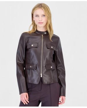 Tahari Zip-up Mixed-media Faux Leather Jacket - Multicolor