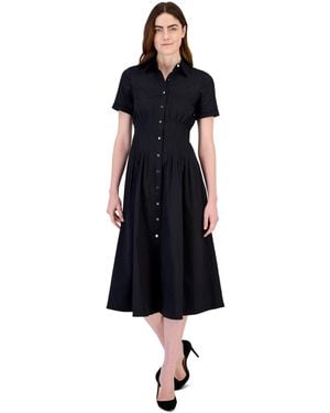 Anne Klein Petite Fit & Flare Short-sleeve Collared Shirt Dress - Black