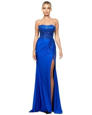 Bariano Madeleine Strapless High Split Gown - Blue