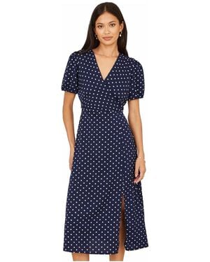 Yumi' Spot Wrap Midi Tea Dress - Blue