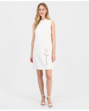 Anne Klein Rose-detail Mock-neck Swing Dress - White