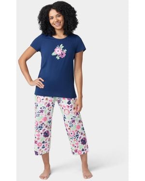 Hue Printed Short-sleeve Capri Pajama Set - Blue