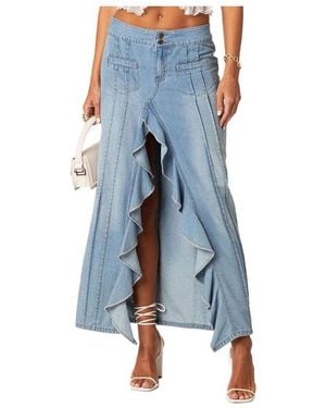Edikted Valencia Ruffle Slitted Denim Maxi Skirt - Blue
