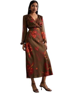 Warehouse Printed V Neck Tie Detail Midi Dress - Brown