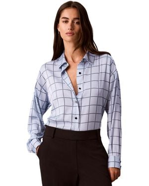 Calvin Klein Petite Printed Long-sleeve Button-down Satin Shirt - White