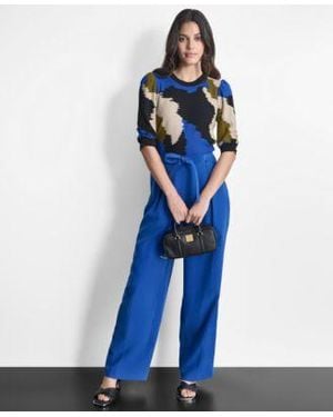 DKNY Puff Sleeve Sweater Tie Front Pleated Wide Leg Pants - Blue