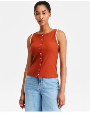 On 34th Sleeveless Rib-knit Whipstitch Button Front Top - Red
