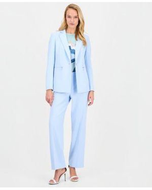 Anne Klein Notch Collar One Button Jacket Printed Boat Neck Short Sleeve Top High Rise Wide Leg Pants - Blue