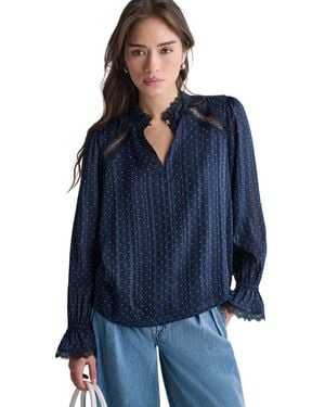 BCBGMAXAZRIA Long Sleeve Ruffle Collar Tops - Blue