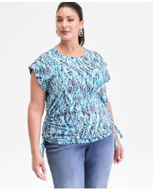 INC International Concepts I.n.c. Plus Size Printed Side-tie Sleeveless Top - Blue