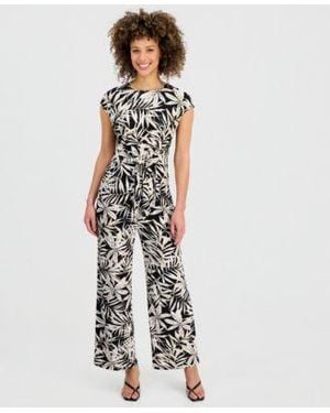 Kasper Printed Cap Sleeve Tie Waist Top Wide Leg Pants - White