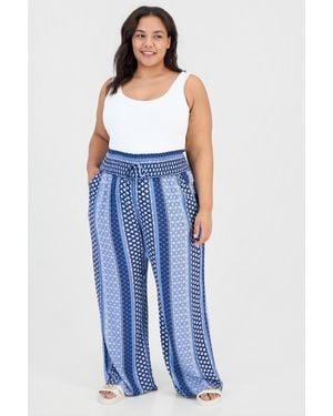 Kingston Grey Trendy Plus Printed Smocked-waist Wide-leg Pants - Blue